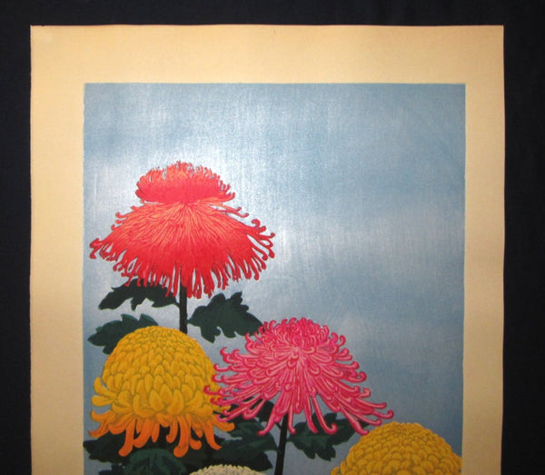 A HUGE Orig Japanese Woodblock Print LIMIT# PENCIL SIGN Hayashi Waichi Big Chrysanthemums 1980s