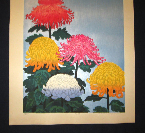 A HUGE Orig Japanese Woodblock Print LIMIT# PENCIL SIGN Hayashi Waichi Big Chrysanthemums 1980s