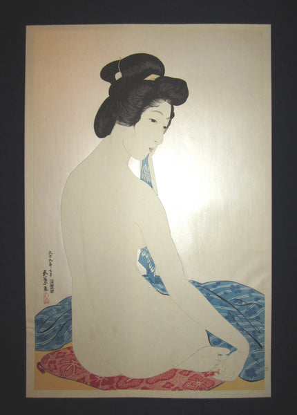 This is AN EXTRA LARGE very beautiful and rare Japanese Shin Hanga woodblock print “Nude Woman after Bath” from the famous Shin-Hanga woodblock print artist Hashiguchi Goyo (1880-1921) published by the famous printmaker YuYuDo IN EXCELLENT CONDITION.  