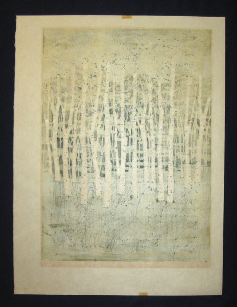 A HUGE Orig Japanese Woodblock Print Pencil-Signed Limited-Number Fujita Fumio Green Trees B 1977