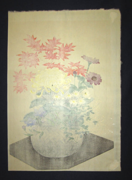 A Great Orig Japanese Woodblock Print Ohno Bafuku Flower Arrangement Original Edition Chop Mark Kyoto Hanga Printmaker 1950s