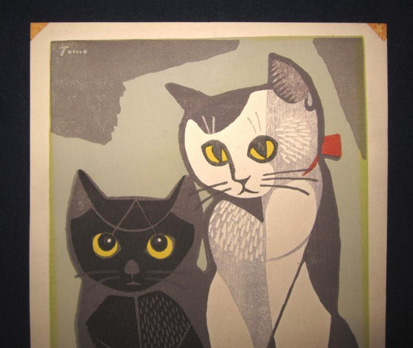 A Great Orig Japanese Woodblock Print Inagaki Tomoo Two Cats