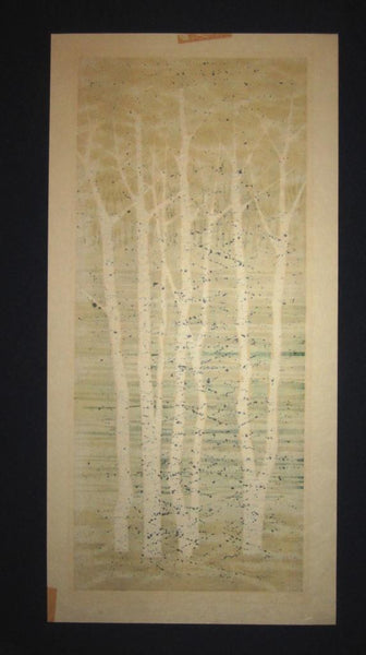 A Huge Orig Japanese Woodblock Print Pencil-Signed Limit# Fujita Fumio White Birch A at Riverside