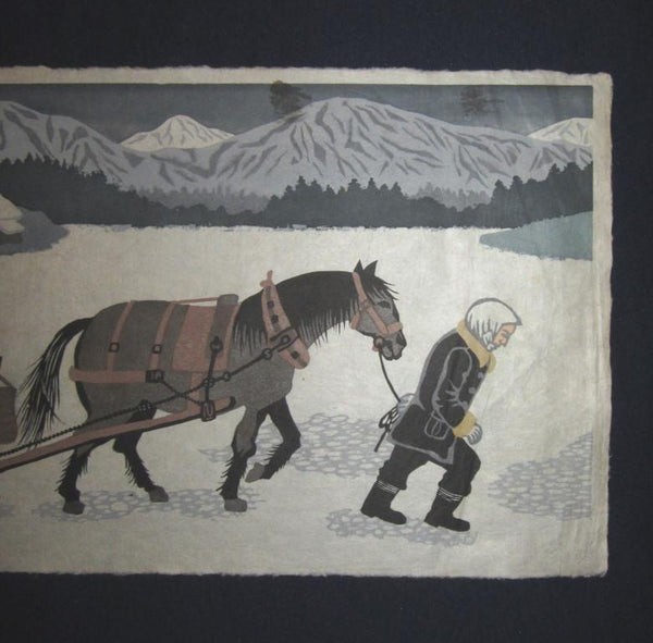 Huge Orig Japanese Woodblock Print Tohoru Shimizu Pencil Sign Limited Number Horse Snow 1970s