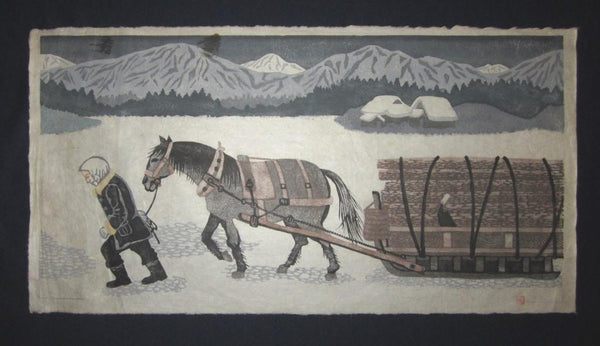 Huge Orig Japanese Woodblock Print Tohoru Shimizu Pencil Sign Limited Number Horse Snow 1970s