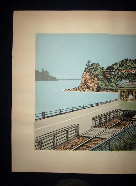 A Huge Orig Japanese Woodblock Print Limit# PENCIL Sign Masumi Taguchi Seaside Train Station