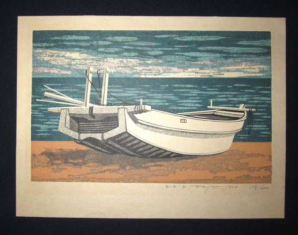 A Great Orig Japanese Woodblock Print Pencil-Signed Limit# Fujita Fumio White Boat B 1974