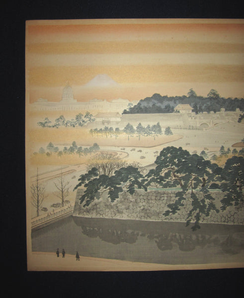 Orig Japanese Woodblock Print Jokata Kaiseki View of Mt. Fuji from the Imperial Palace in Kyoto 1929