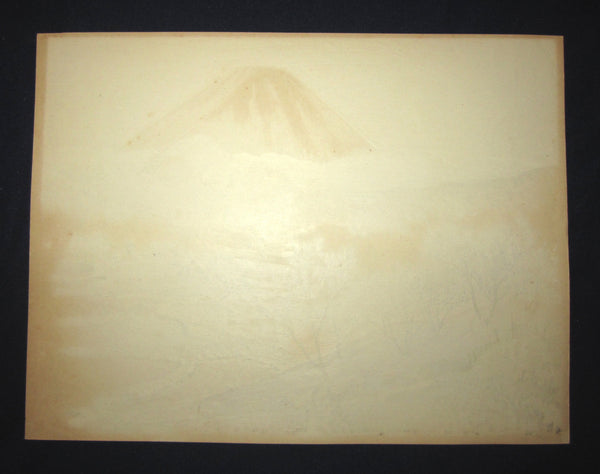 Orig Japanese Woodblock Print Jokata Kaiseki View of Mt. Fuji from the Plum Orchard at Shimosoga 1929
