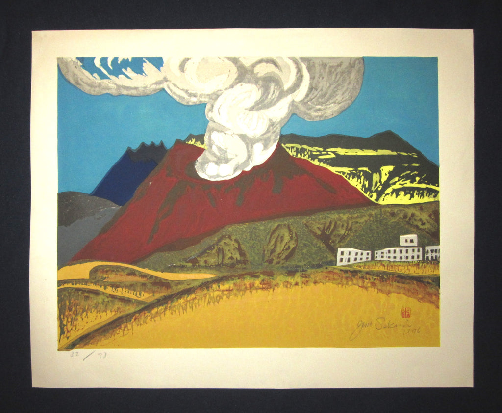 A Great Huge Orig Japanese Woodblock Print LIMIT NUMBER PENCIL SIGN Junichiro Sekino Mount Aso Active Volcano WATER MARK 1976