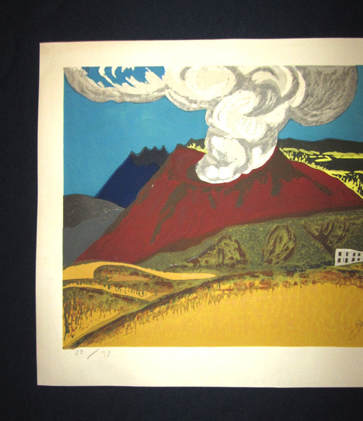 A Great Huge Orig Japanese Woodblock Print LIMIT NUMBER PENCIL SIGN Junichiro Sekino Mount Aso Active Volcano WATER MARK 1976