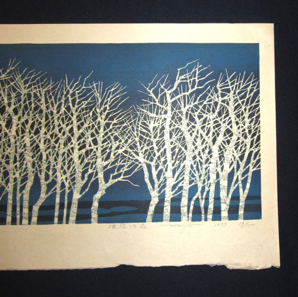 A Great Huge Orig Japanese Woodblock Print Pencil-Signed Limit# Fujita Fumio Frozen Forest, 1979