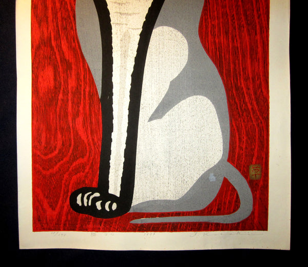 A Huge Orig Japanese Woodblock Print LIMIT# PENCIL Sign Ippei Kusaki Red Cat 1979