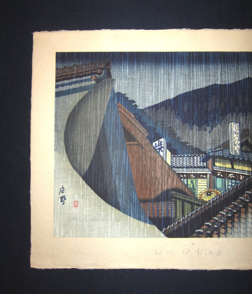 Huge Original Japanese Woodblock Print Junichiro Sekino Dusk Rain Water Mark