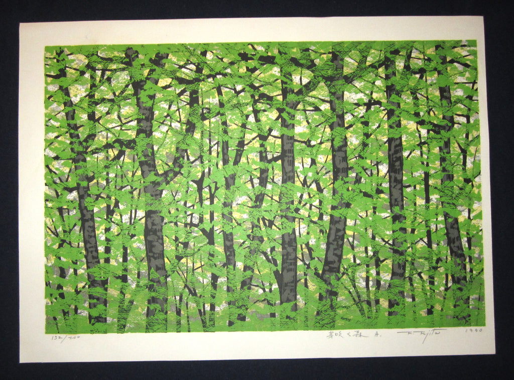 A Great Huge Orig Japanese Woodblock Print Pencil-Signed Limit# Fujita Fumio Forest A 1990