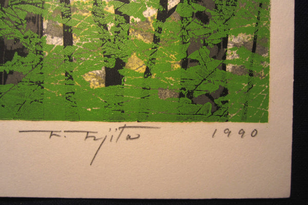 A Great Huge Orig Japanese Woodblock Print Pencil-Signed Limit# Fujita Fumio Forest A 1990