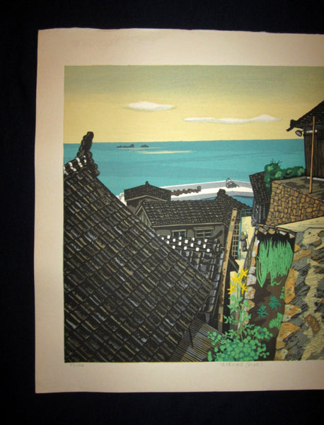 HUGE Orig Japanese Woodblock Print PENCIL Sign Limit# Kitaoka Fumio Ishigaki Fisherman Village