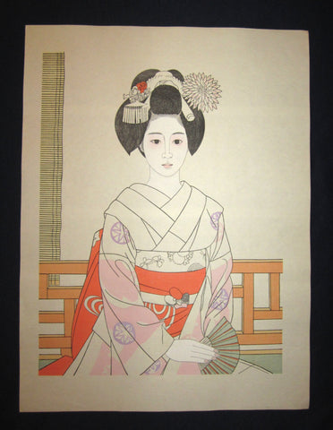 This is a HUGE, beautiful, and special ORIGINAL Japanese Shin Hanga woodblock print “Maiko” from the famous Japanese Shin Hanga woodblock print Master Tateishi Harumi (1908 – 1994) made in Showa Era IN EXCELLENT CONDITION.