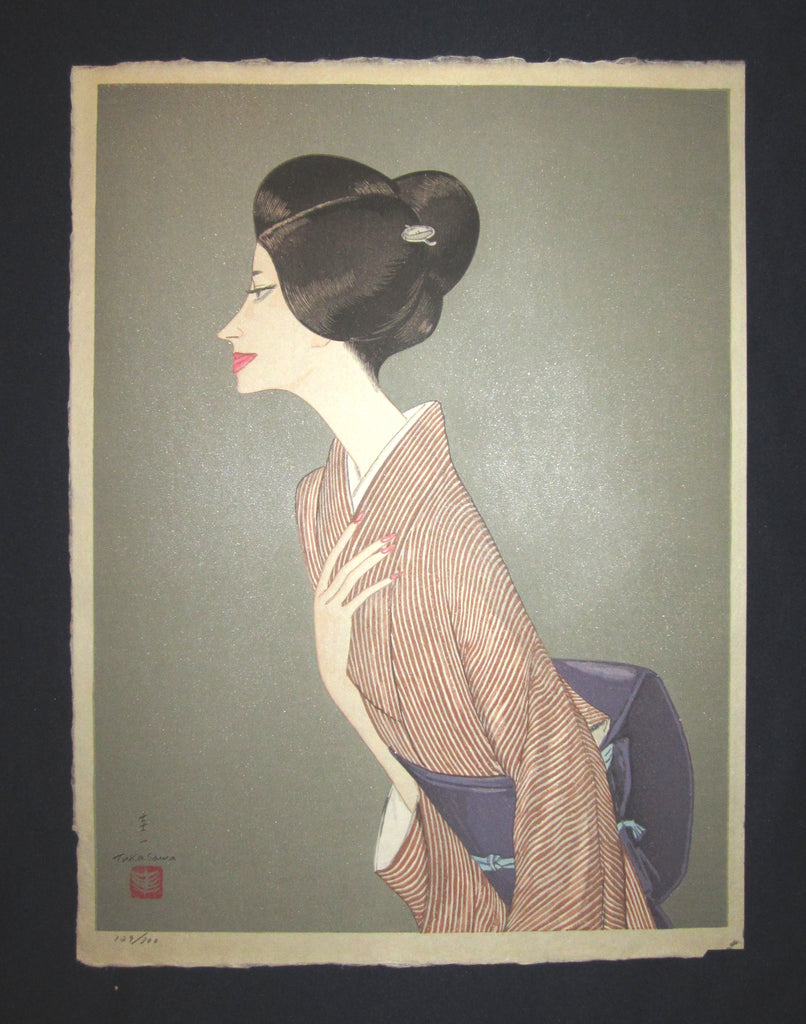 This is an EXTRA LARGE, very beautiful and special pencil written LIMITED-NUMBER (129/300) original Japanese woodblock print “Beauty Bijin” PENCIL SIGNED BY the famous Shin-Hanga woodblock print master Takasawa Keiichi (1914-1984) made in 1960S IN EXCELLENT CONDITION.