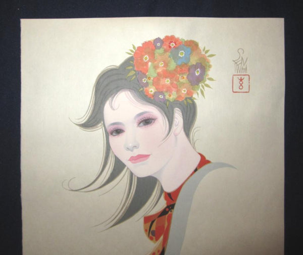 A Great Orig Japanese Woodblock Print Iwata Sentaro Bijin Beauty Shallow Spring 1970s