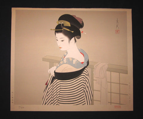 EXTRA LARGE very rare, beautiful and LIMITED-NUMBER (31/450) original Japanese woodblock print “Maiko” from the Series “Modern Beauties Bijin Ga, Gendai Bijin Fuzoku Gotai” PENCIL SIGNED by the famous Shin-Hanga artist Shimura Tatsumi (1907-1980) published by the famous printmaker YuYuDo in 1970s IN EXCELLENT CONDITION