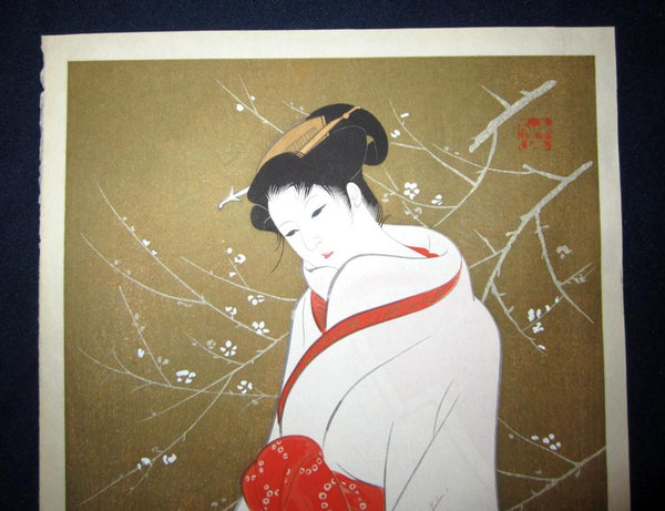 A Great Orig Japanese Woodblock Print Iwata Sentaro Bijin Beauty Plum 1970s