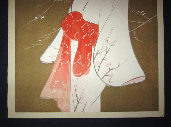 A Great Orig Japanese Woodblock Print Iwata Sentaro Bijin Beauty Plum 1970s