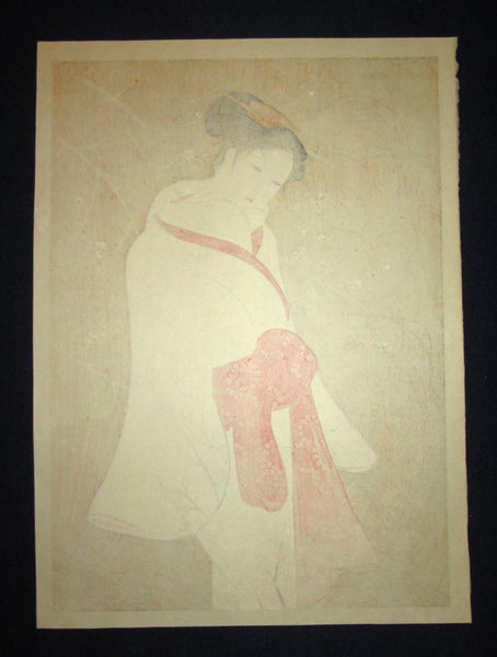 A Great Orig Japanese Woodblock Print Iwata Sentaro Bijin Beauty Plum 1970s