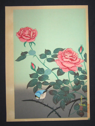 A Great Orig Japanese Woodblock Print Ohno Bafuku Pink Rambler Rose and Bluebird Kyoto Hanga Printmaker 1950s ORIGINAL EDITION (1)