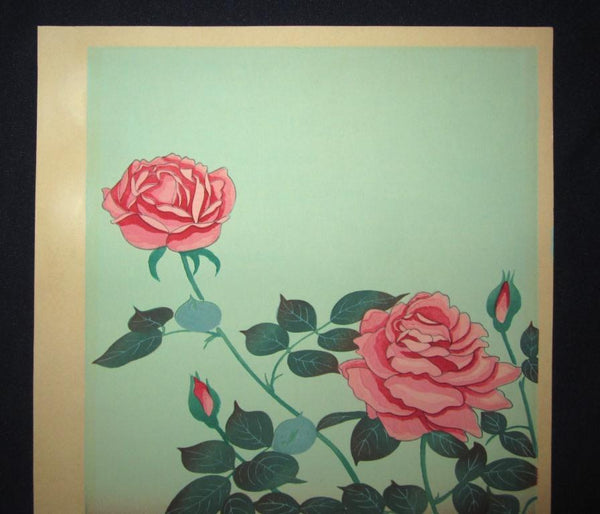 A Great Orig Japanese Woodblock Print Ohno Bafuku Pink Rambler Rose and Bluebird Kyoto Hanga Printmaker 1950s ORIGINAL EDITION (1)