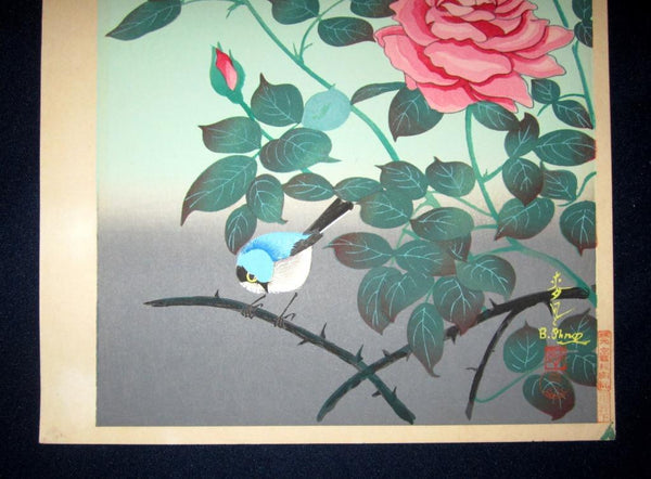 A Great Orig Japanese Woodblock Print Ohno Bafuku Pink Rambler Rose and Bluebird Kyoto Hanga Printmaker 1950s ORIGINAL EDITION (1)