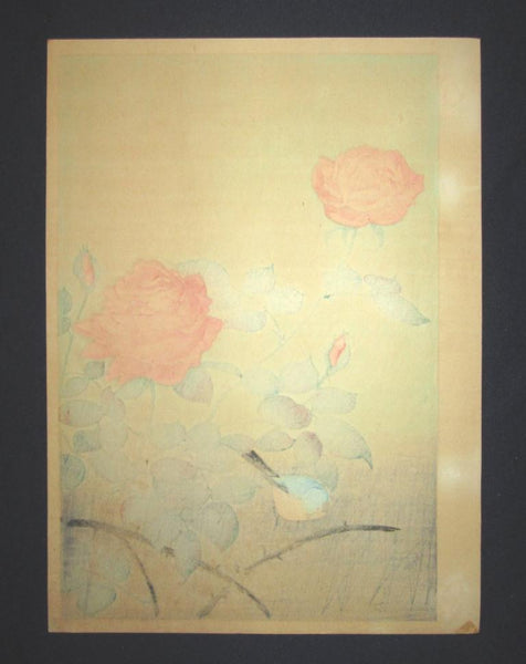 A Great Orig Japanese Woodblock Print Ohno Bafuku Pink Rambler Rose and Bluebird Kyoto Hanga Printmaker 1950s ORIGINAL EDITION (1)