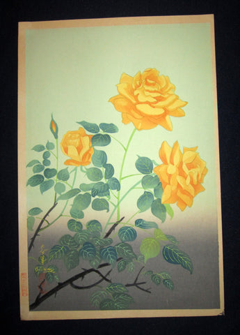 A Great Orig Japanese Woodblock Print Ohno Bafuku Yellow Rambler Rose Kyoto Hanga Printmaker 1950s ORIGINAL EDITION (1)