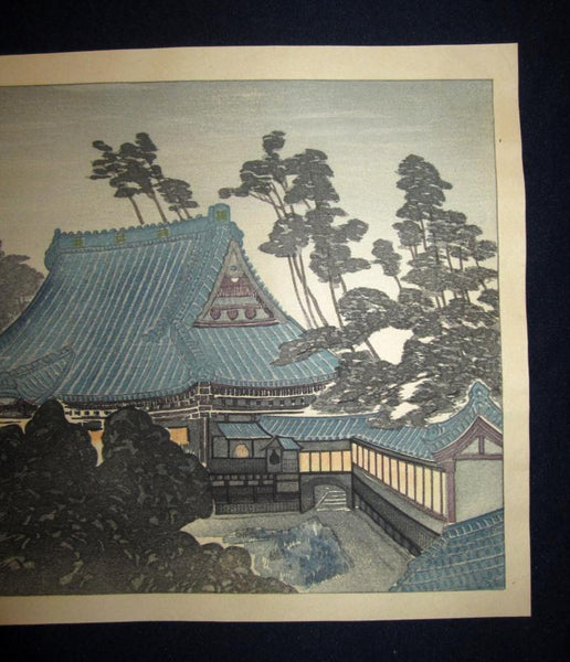 A Great Orig Japanese Woodblock Print Yamagishi Kazue Serene Temple Night 1950s with Water Mark