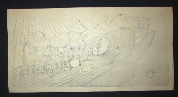 A Great Large Orig Japanese Woodblock Print Okuyama Jihachiro Lunch in a Field (4)