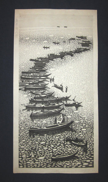 A Great Large Orig Japanese Woodblock Print Okuyama Jihachiro Boats (2)