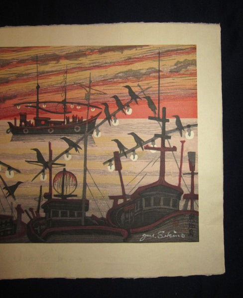 A Huge Orig Japanese Woodblock Print Junichiro Sekino Harbor Dusk Okushiri Island
