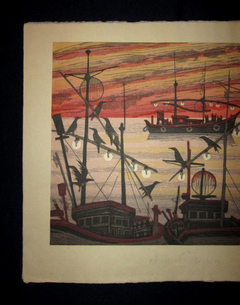 A Huge Orig Japanese Woodblock Print Junichiro Sekino Harbor Dusk Okushiri Island