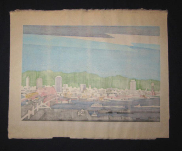 A Huge LIMIT NUMBER Orig Japanese Woodblock Print PENCIL SIGN Kawanishi Yuzaburo Flying Kobe Harbor