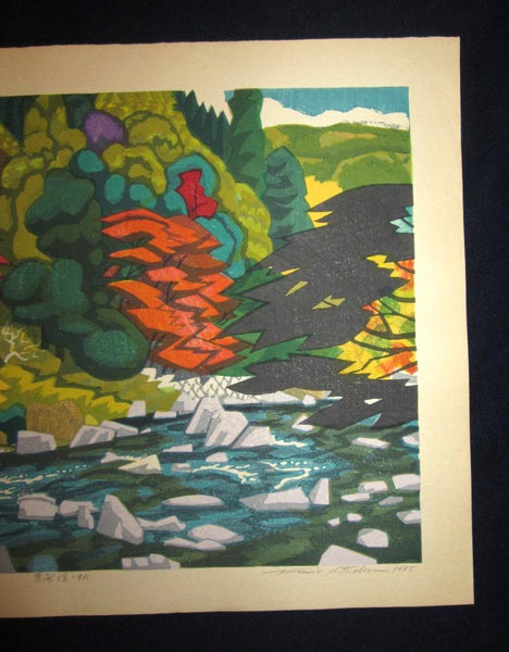 A LIMIT NUMBER Orig Japanese Woodblock Print PENCIL SIGN Kitaoka Fumio Yuka Creek Autumn