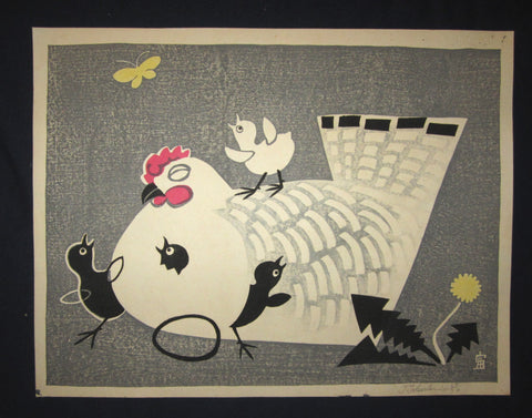 A HUGE Orig Japanese Woodblock Print Limit Number PENCIL Sign Tokuriki Tomikichiro Chicken