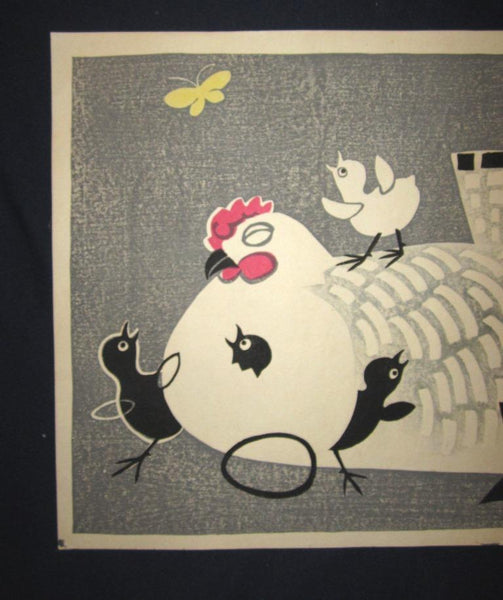 A HUGE Orig Japanese Woodblock Print Limit Number PENCIL Sign Tokuriki Tomikichiro Chicken