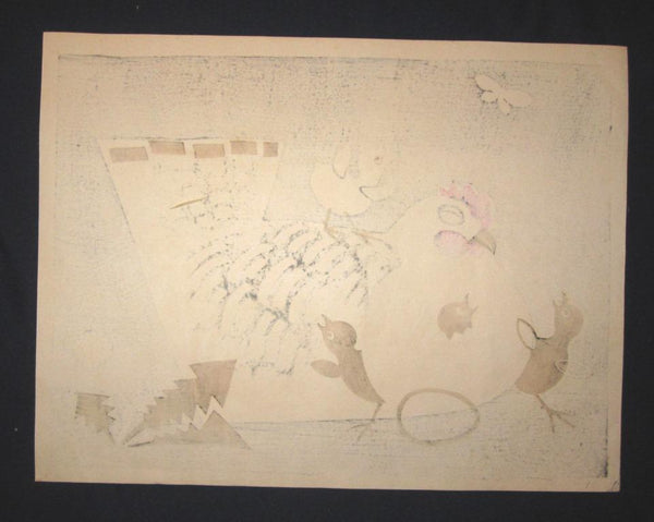 A HUGE Orig Japanese Woodblock Print Limit Number PENCIL Sign Tokuriki Tomikichiro Chicken