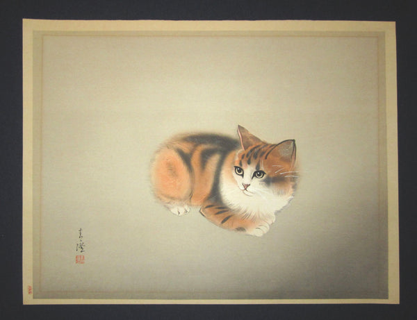 A Great Orig Japanese woodblock Print Hasegawa Seicho Kitten Cat Adachi Printmaker 1950s (2)