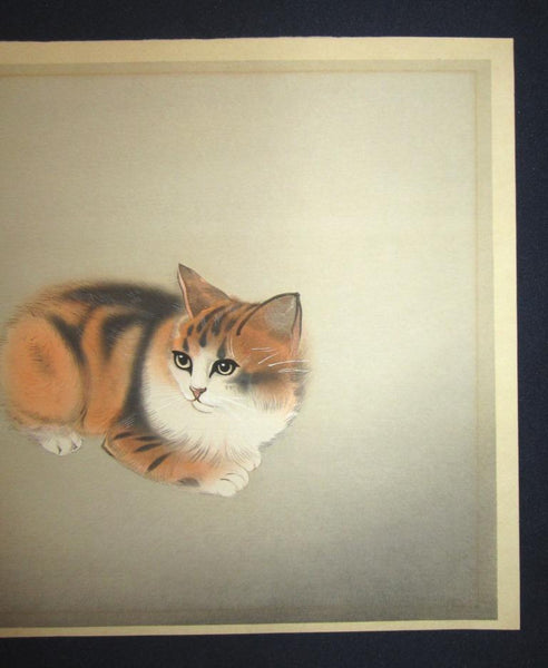 A Great Orig Japanese woodblock Print Hasegawa Seicho Kitten Cat Adachi Printmaker 1950s (2)