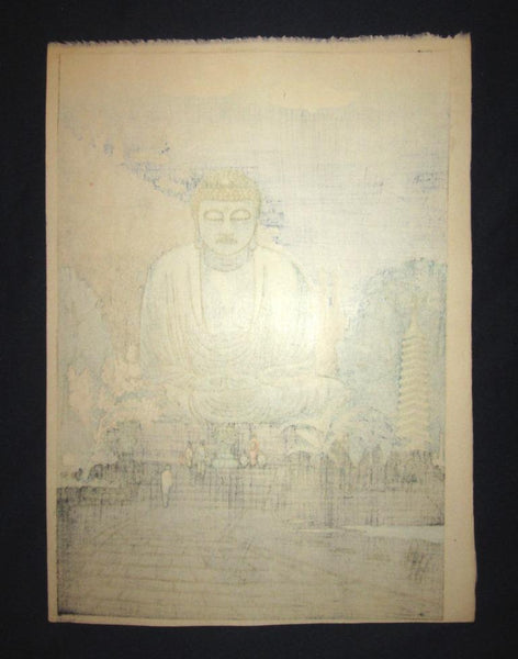 A Great Original Japanese Woodblock Print Okuyama Jihachiro Moon Night Kamakura Buddha_3 1950s