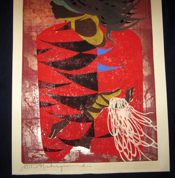 A Great HUGE Orig Japanese Woodblock Print PENCIL Sign Tadashi Nakayama Red Clothes 1957
