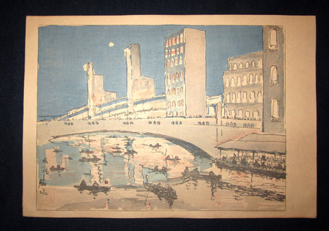 A Great Orig Japanese Woodblock Print Rinsaku Akamatsu Number #3 View Ebisubashi Bridge, a Business Center from the Series of 24 Views of Osaka Showa 22 1947