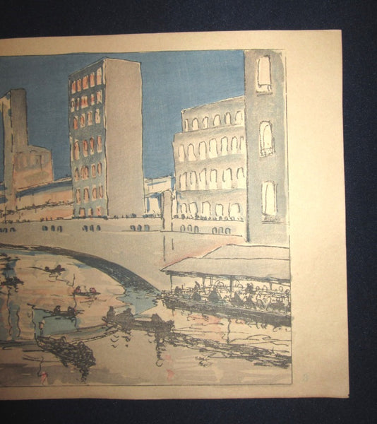 A Great Orig Japanese Woodblock Print Rinsaku Akamatsu Number #3 View Ebisubashi Bridge, a Business Center from the Series of 24 Views of Osaka Showa 22 1947