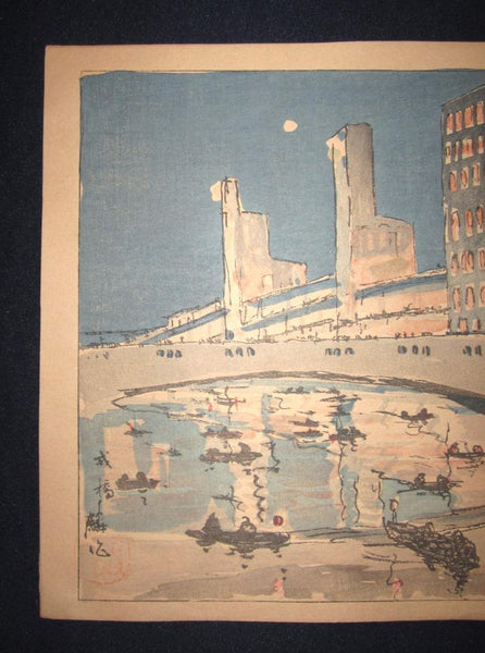 A Great Orig Japanese Woodblock Print Rinsaku Akamatsu Number #3 View Ebisubashi Bridge, a Business Center from the Series of 24 Views of Osaka Showa 22 1947